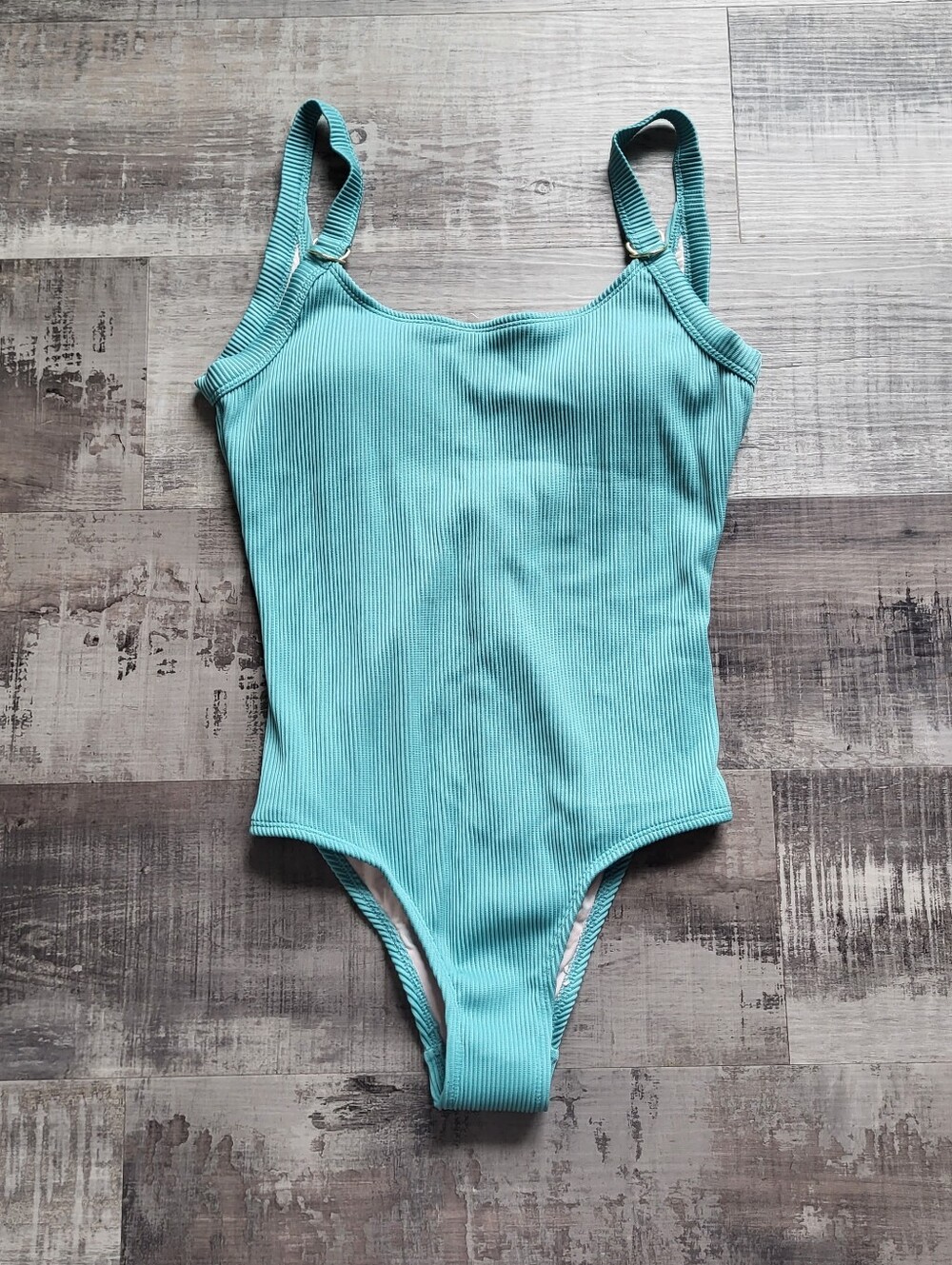 Mae One Piece Swimsuit Size Small NWOT Ribbed Knit Open Back Scoop Neck Aqua